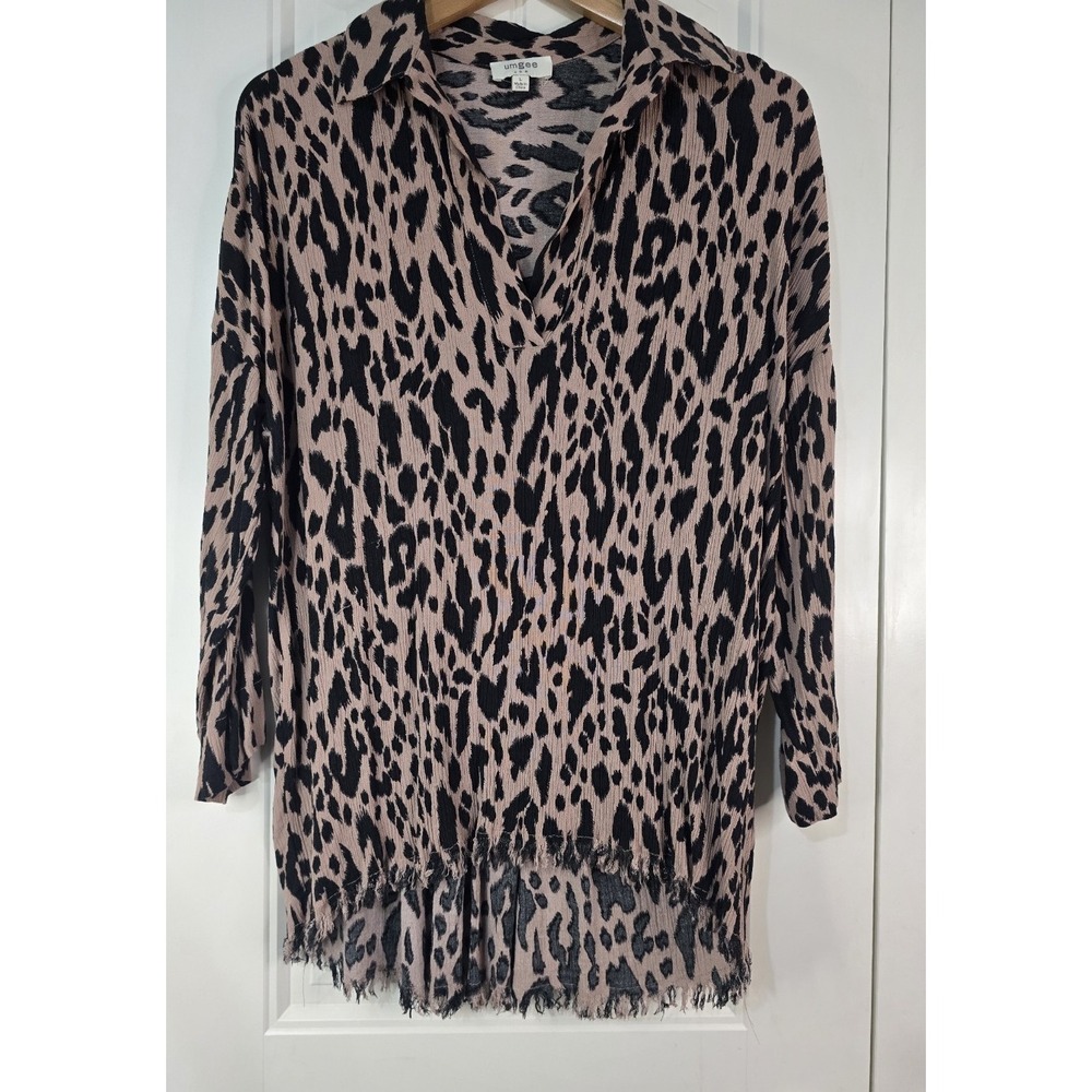 Umgee Leopard Print High-Low Frayed Hem Tunic Top‎ Tan Black A5280 Womens L